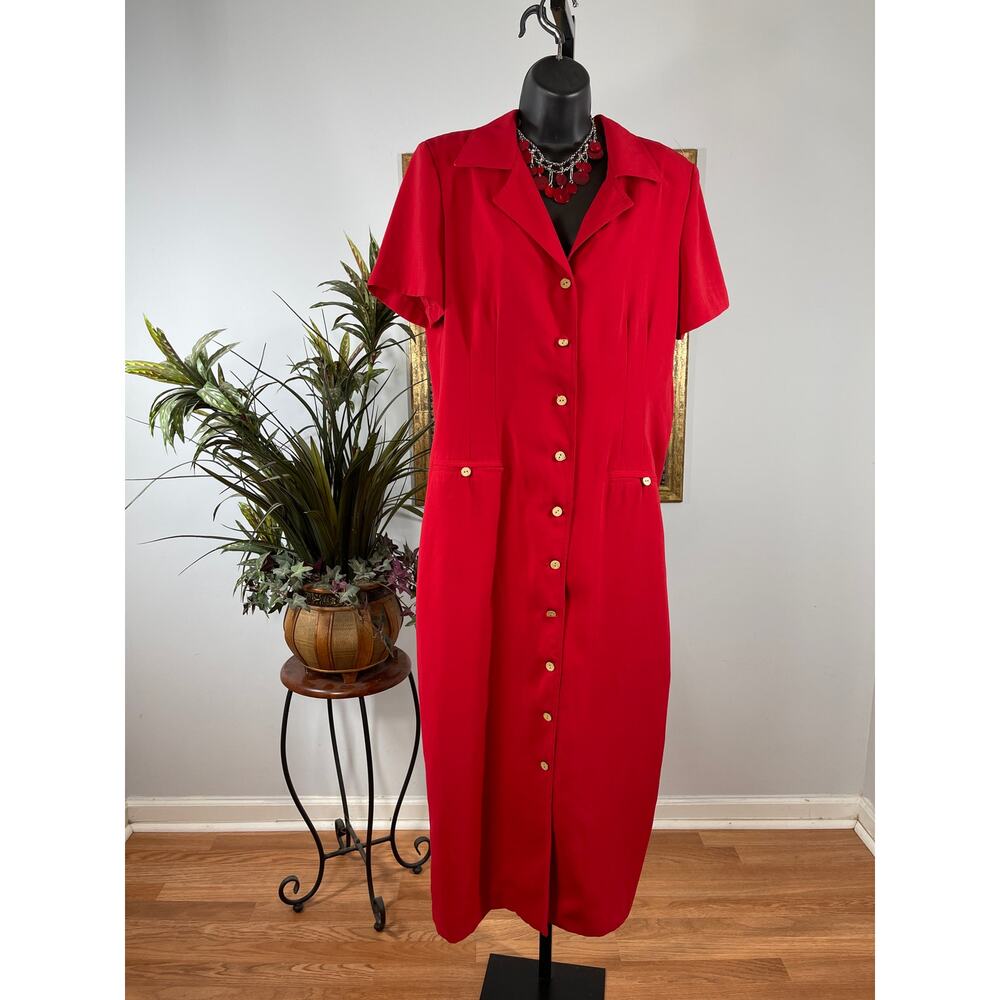 Karin Stevens Maxi Dress Womens Sz 12 Red Notched Lapel Office Siren Utilitarian
